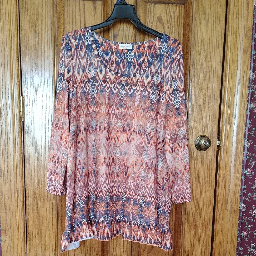 Striking Song n Spirit Orange & Brown Pattern Top w/ Flounced Bottom Large